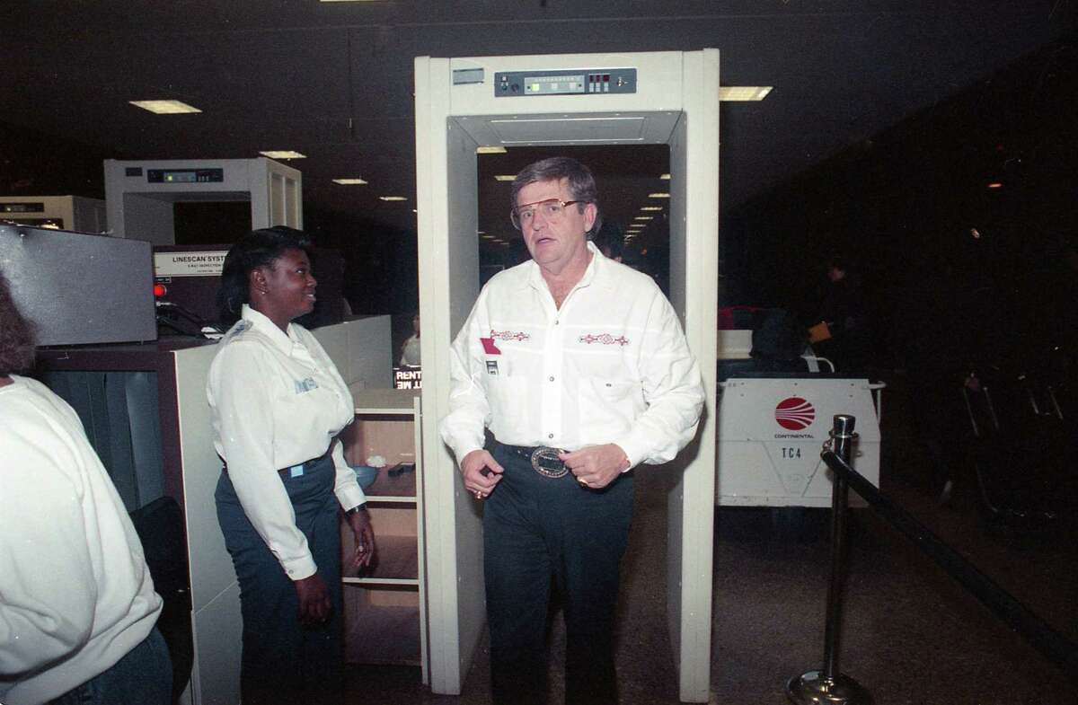 Oilers Coach Jerry Glanville, his tenure a hot topic since the team's poor finish, heads for a flight Wednesday, Jan. 3, 1990, at Houston Intercontinental Airport after meeting with Oilers brass. His destination: a job interview with the Atlanta Falcons.