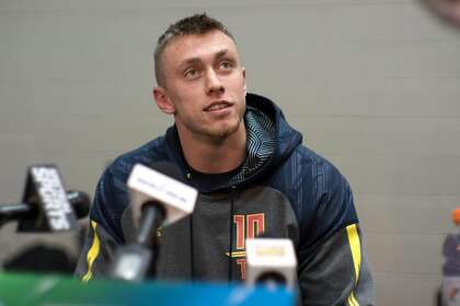 INDIANAPOLIS, IN - MARCH 03: Iowa tight end George Kittle answers questions to members of the press during the NFL Scouting Combine on March 3, 2017 at Lucas Oil Stadium in Indianapolis, IN. (Photo by Robin Alam/Icon Sportswire via Getty Images)