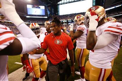 INDIANAPOLIS, IN - OCTOBER 8: Reuben Foster #56 of the San Francisco 49ers stands on the sideline during the game against the Indianapolis Colts at Lucas Oil Stadium on October 8, 2017 in Indianapolis, Indiana. The Colts defeated the 49ers 26-23. ~~