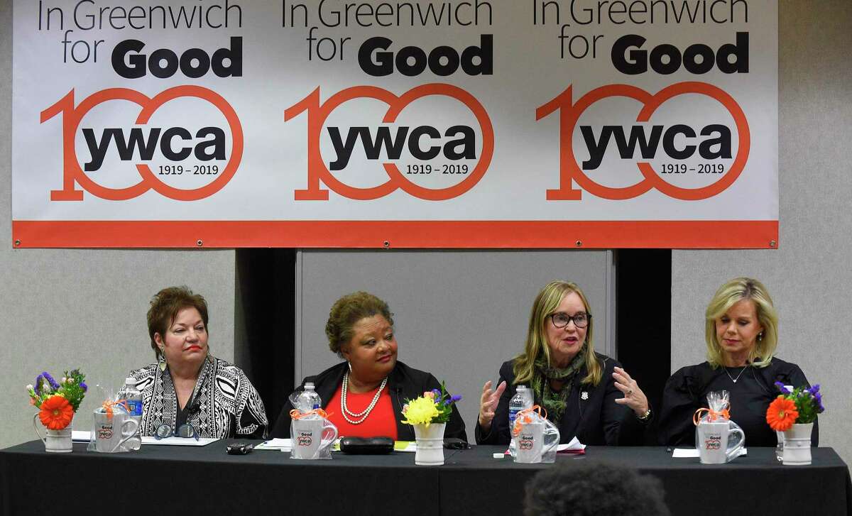 Denise Merrill, Connecticut Secretary of State, second from right, speaks as, from left, Patti Russo, Executive Director, The Campaign School at Yale University, Sheryl Battles, VP, Global Diversity, Inclusion and Engagement, Pitney Bowes, and Greenwich resident Gretchen Carson, American Television Commentator, Journalist and Author listen during a panel discussion at the YWCA Greenwich Women's Power and the Vote at 100, honoring Reverend Dr. Martin Luther King Jr. on Jan. 23, 2020 in Greenwich, Connecticut.