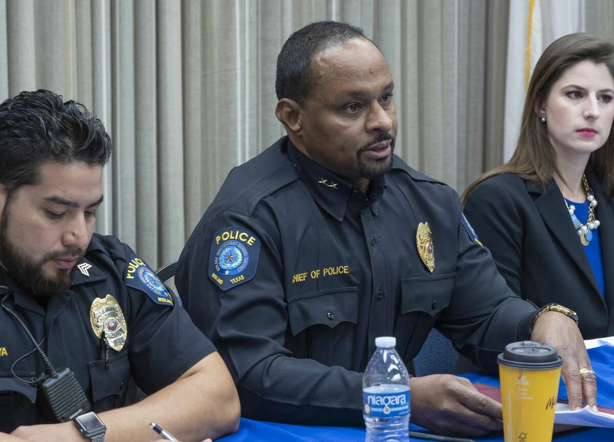 MISD Chief of Police Arthur Barclay, center, with Sgt. Pablo Loya and Elaina Ladd, chief communications officer, answer questions 01/24/2020 about the lockdown on Midland High's campus Thursday afternoon. Tim Fischer/Reporter-Telegram