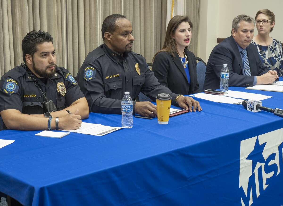 MISD Sgt. Pablo Loya, MISD Chief of Police Arthur Barclay, Elaina Ladd, chief communications officer, Jeff Horner, executive director of Secondary Education and MHS Assistant Principal Misty Ring answer questions 01/24/2020 about the lockdown on Midland High's campus Thursday afternoon. Tim Fischer/Reporter-Telegram