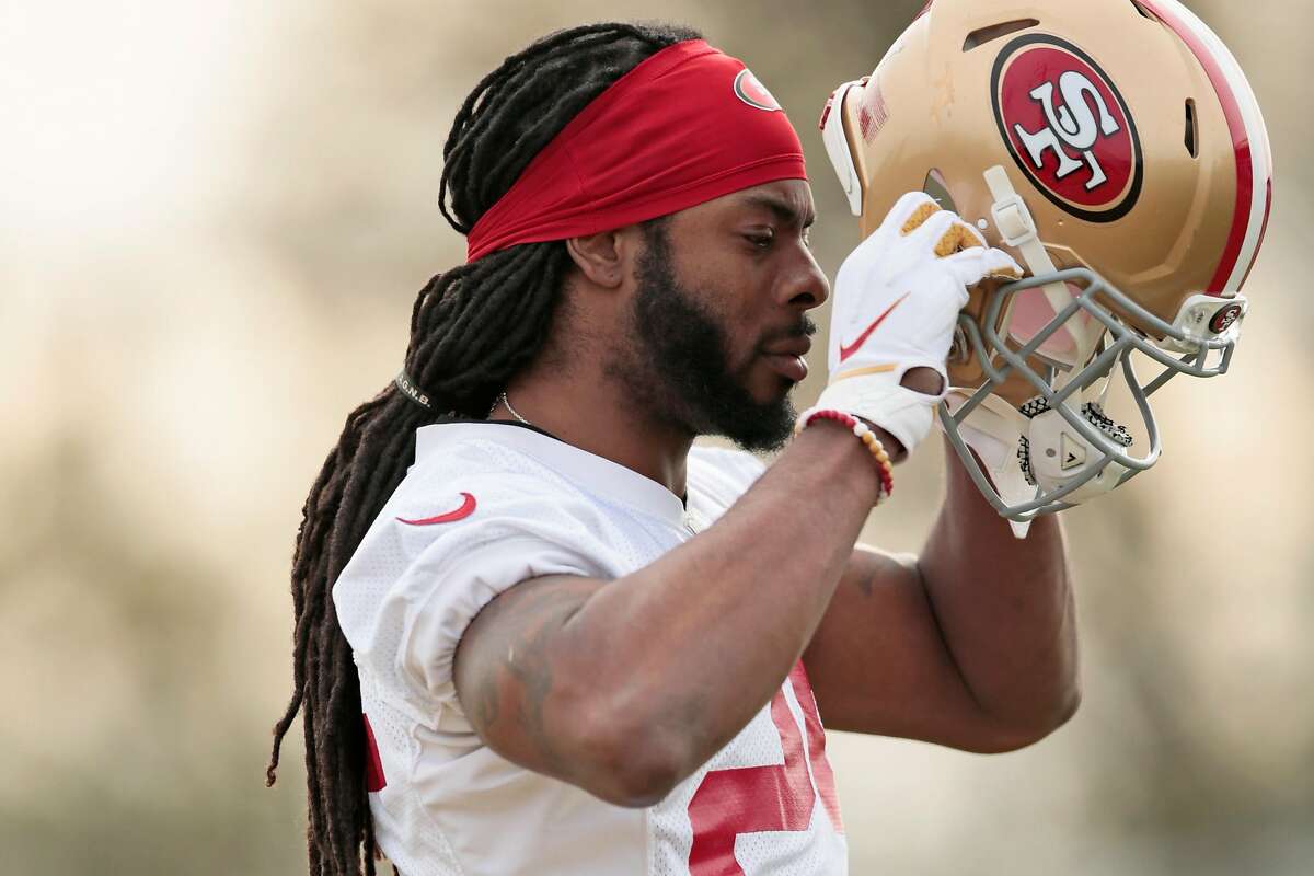 San Francisco 49ers cornerback Richard Sherman (25) puts his helmet on for practice at the 49ers training facility next to Levi�s Stadium, Wednesday, Jan. 15, 2020, in Santa Clara, Calif. The 49ers will play the Green Bay Packers in the NFC Championship Game on Sunday.