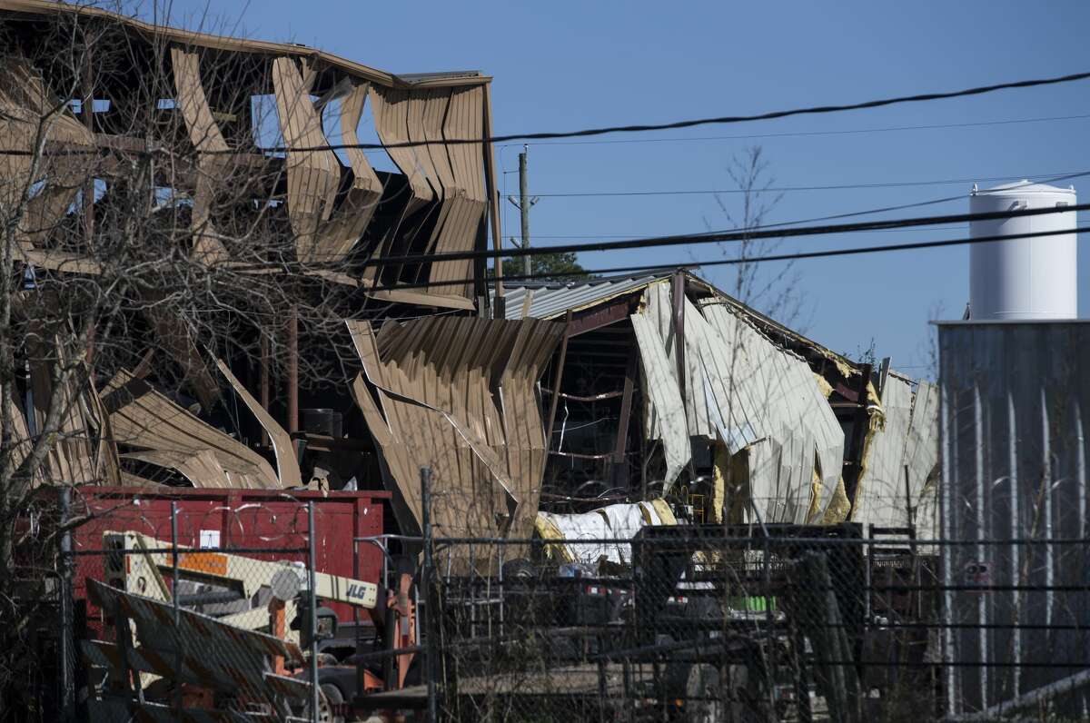 Damaged buildings near a chemical explosion Friday, Jan. 24, 2020, in Houston. Houston Fire Chief Peña said an explosion happened around 4:30 a.m. at the warehouse of Watson Grinding & Manufacturing Co. on the 4500 block of Gessner Road.
