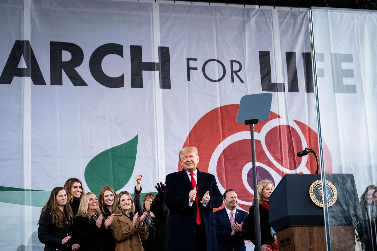 President Donald Trump on stage at the March for Life rally in Washington, Friday, Jan. 24, 2020. President Trump is the first sitting president to attend the event. (Pete Marovich/The New York Times)