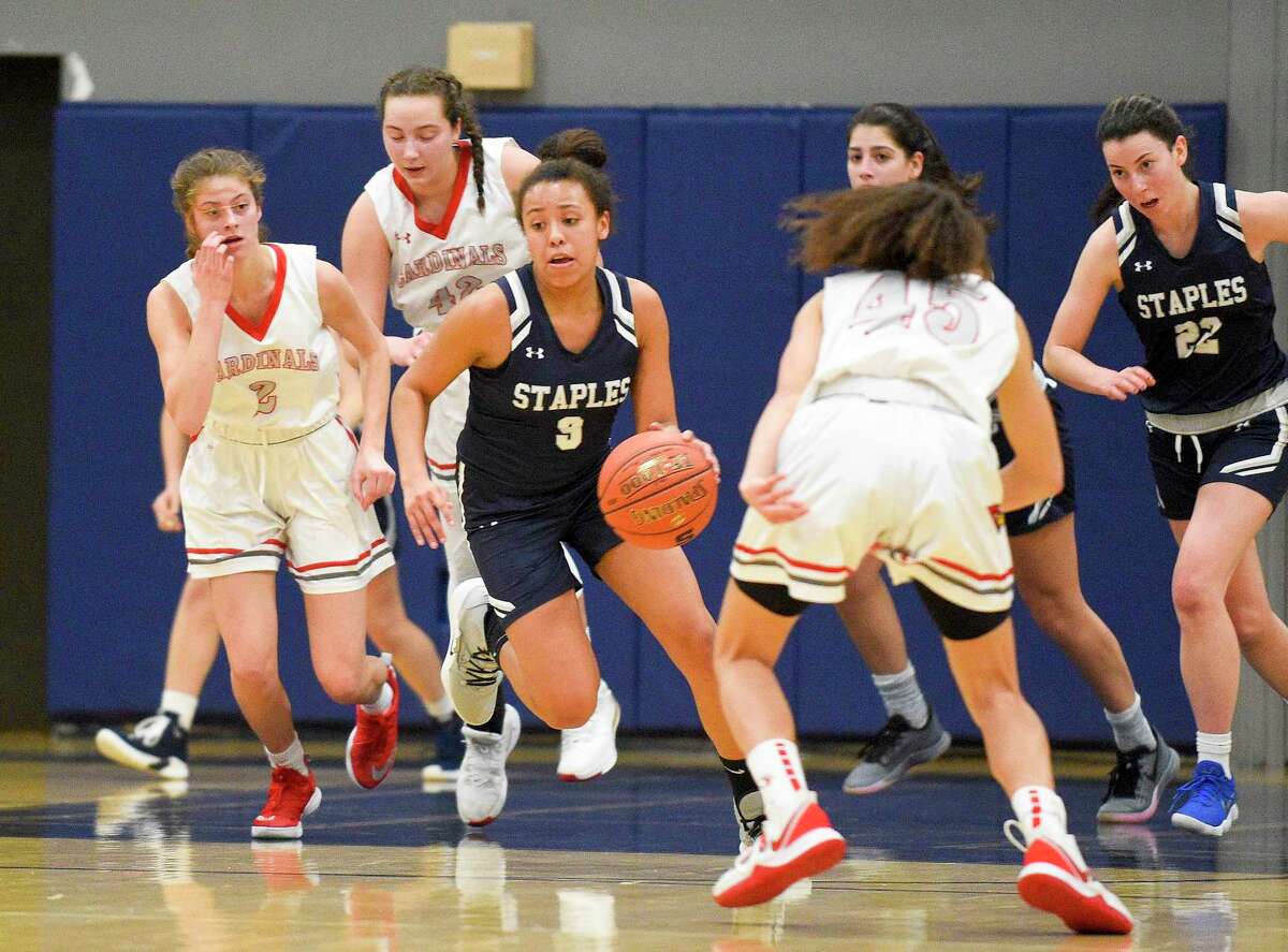 Staples girls basketball team pulls away from Greenwich, behind Gerig