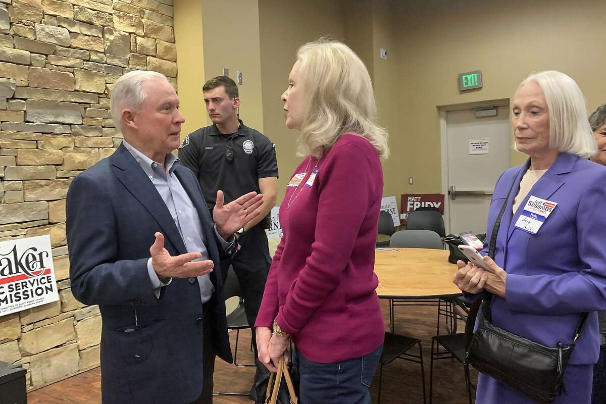 In this Jan. 11, 2020 photo, former U.S. Attorney General Jeff Sessions speaks to supporters at the Mid Alabama Republican Club in Vestavia Hills, Ala.. Sessions is stressing his loyalty to President Donald Trump as he seeks to regain the Alabama Senate seat he held for 20 years. (AP Photo/Kim Chandler)