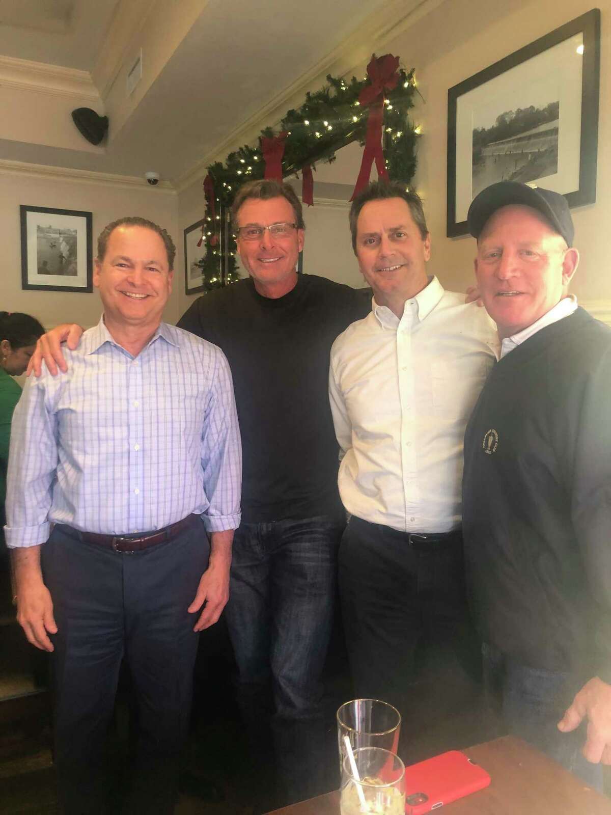 Former New York Mets champion Tim Teufel (second from left) with his friends Steve Gordon (left), Jim Kavanagh and Casey O'Brien at Caren's Cos Cobber in Greenwich last week.