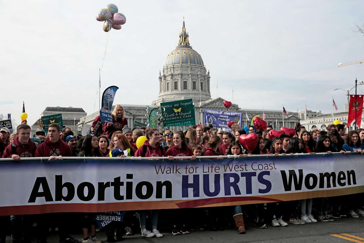 The front of the March for Life, Saturday, Jan. 25, 2020, in San Francisco, Calif. Demonstrators marched along Market Street from the Civic Center Plaza to protest abortion.