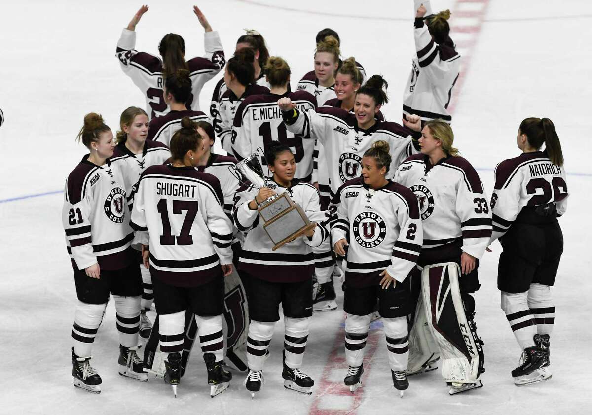 Union players celebrate a 2-0win against Rensselaer Polytechnic Institute during the t the women's Mayor's Cup college hockey game Saturday, Jan. 25, 2020, in Albany, N.Y. (Hans Pennink / Special to the Times Union) ORG XMIT: 012620_women_HP122