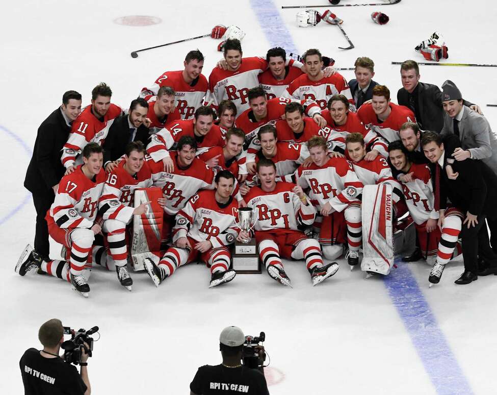 Rensselaer Polytechnic Institute celebrates after winning 2-1 shoot-out against Union during the men's Mayor's Cup college hockey game Saturday, Jan. 25, 2020, in Albany, N.Y. (Hans Pennink / Special to the Times Union) ORG XMIT: 012620_Men_HP126