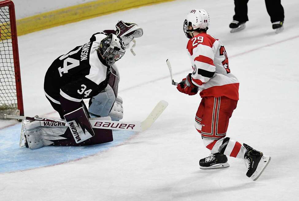 Rensselaer Polytechnic Institute forward Patrick Polino (29) scores against Union goaltender Darion Hanson (34) winning a 2-1 shoot-out during the men's Mayor's Cup college hockey game Saturday, Jan. 25, 2020, in Albany, N.Y. (Hans Pennink / Special to the Times Union) ORG XMIT: 012620_Men_HP130