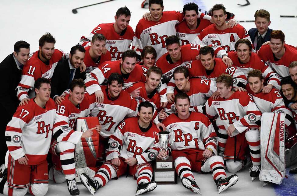 Rensselaer Polytechnic Institute celebrates after winning 2-1 shoot-out against Union during the men's Mayor's Cup college hockey game Saturday, Jan. 25, 2020, in Albany, N.Y. (Hans Pennink / Special to the Times Union) ORG XMIT: 012620_Men_HP127