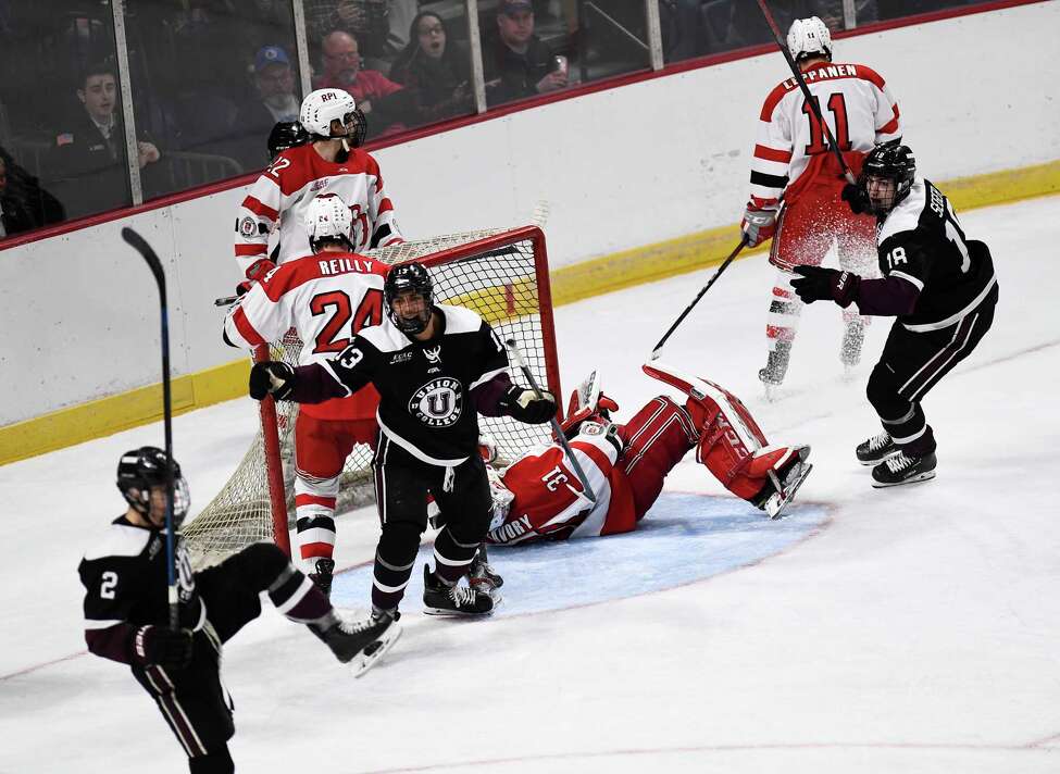 Union players celebrate Union defenseman Taylor Brierley (2) goal against Rensselaer Polytechnic Institute during the second period of the men's Mayor's Cup college hockey game Saturday, Jan. 25, 2020, in Albany, N.Y. (Hans Pennink / Special to the Times Union) ORG XMIT: 012620_Men_HP131
