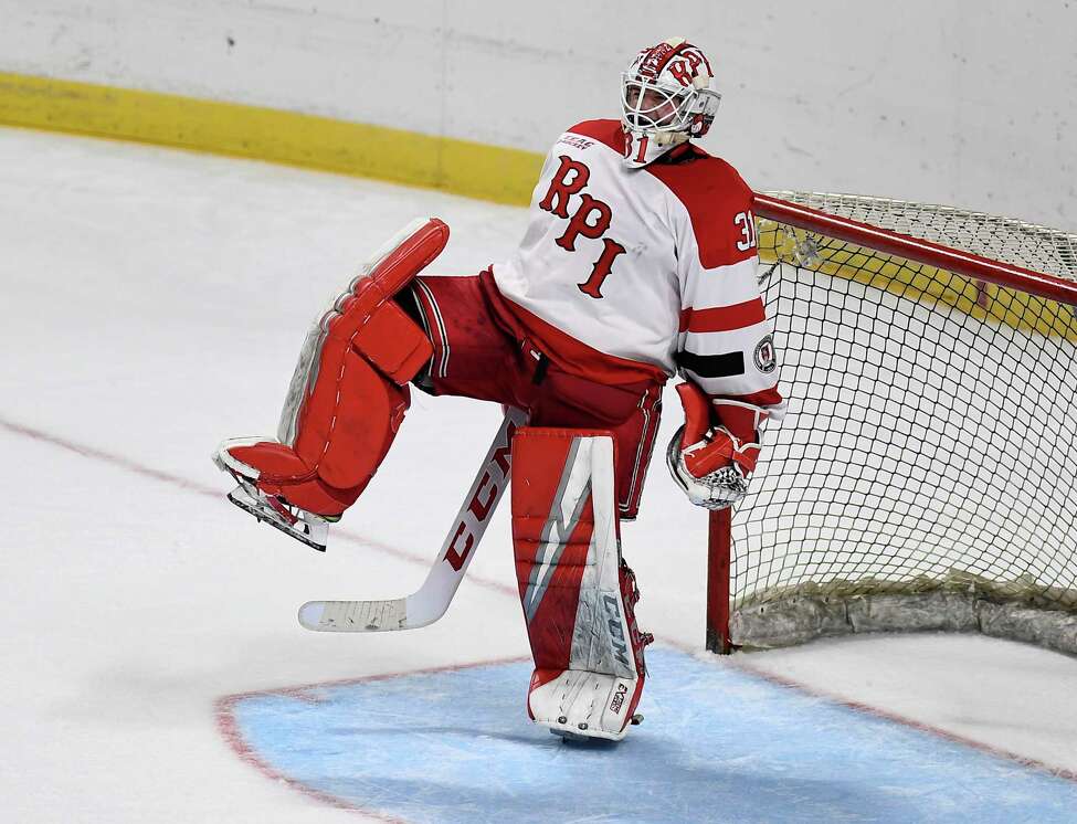 Rensselaer Polytechnic Institute goaltender Owen Savory (31 )celebrates after winning 2-1 shoot-out against Union during the men's Mayor's Cup college hockey game Saturday, Jan. 25, 2020, in Albany, N.Y. (Hans Pennink / Special to the Times Union) ORG XMIT: 012620_Men_HP128