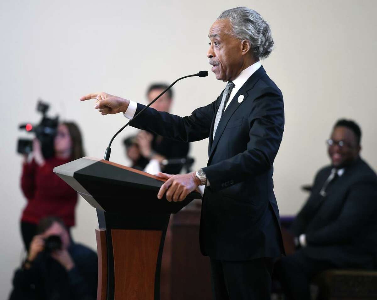 Rev. Al Sharpton speaks at a memorial service for Mubarak Soulemane at First Calvary Baptist Church in New Haven on Jan. 26, 2020.