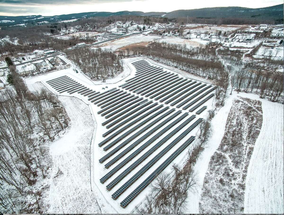 An aerial shot of the joint solar field in Middletown, shared by Wilton and Weston. The field went live at the end of December 2019. The new proposed field would be squarely in Wilton, utilizing a landfill.