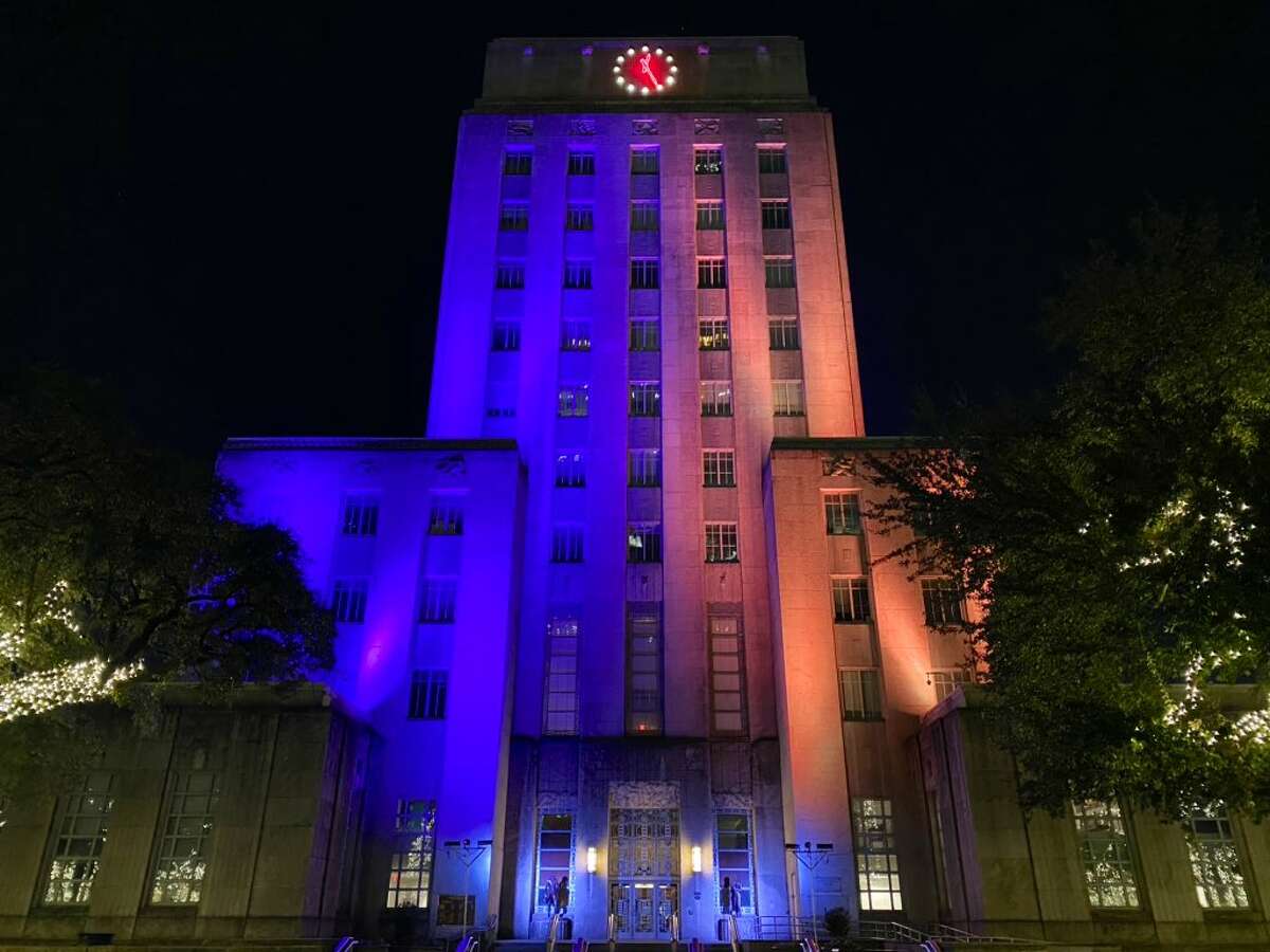 Here in Houston, several buildings and other structures were bathed in purple and gold lights, honoring Kobe Bryant's team colors. Pictured: Houston City Hall