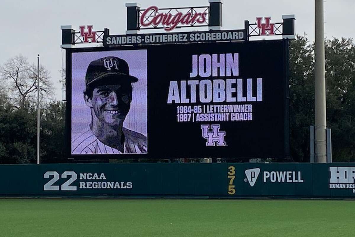 A tribute to John Altobelli was displayed on the scoreboard at University of Houston's Schroeder Park on Monday, Jan. 27, 2020. Altobelli, who played at UH in 1984 and 1985, died in a helicopter crash along with Kobe Bryant and seven others on Sunday, Jan. 26.