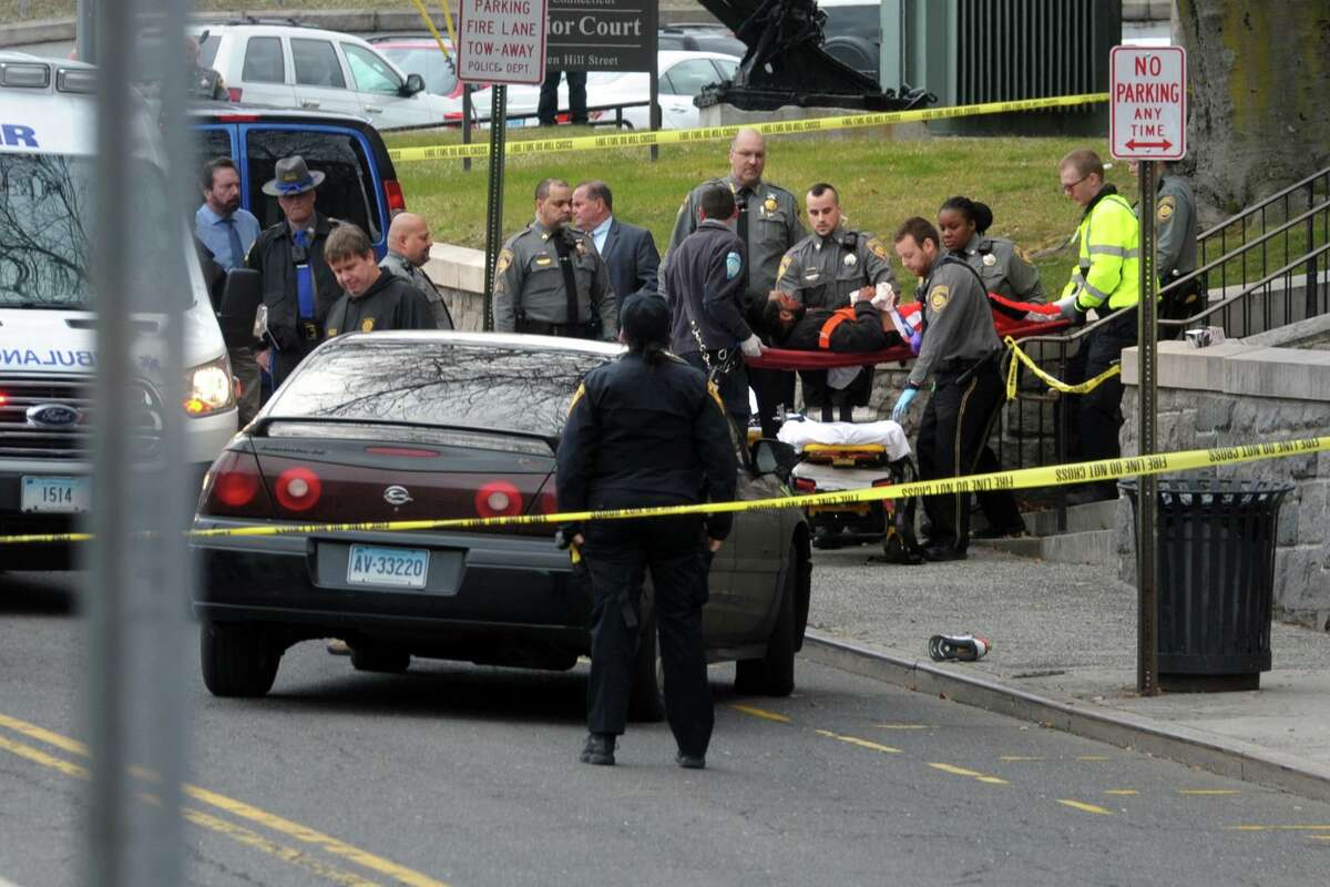 The scene outside the Golden Hill Street courthouse in Bridgeport shortly after four people were shot on Monday.