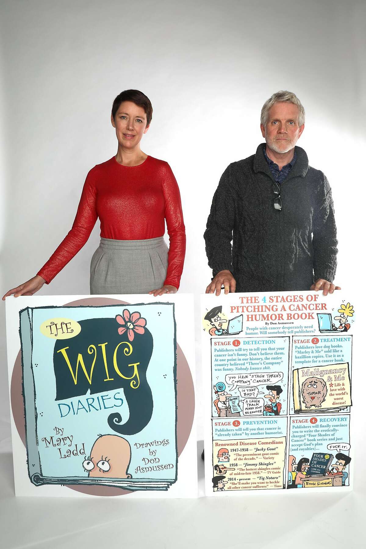 Author Mary Ladd (left) has launched her guide to navigating cancer �The Wig Diaries� with illustrator Don Asmussen (right) creator of the Chronicle's Bad Reporter comic strip as they talk about living with cancer on Thursday, Oct. 17, 2019, in San Francisco, Calif.
