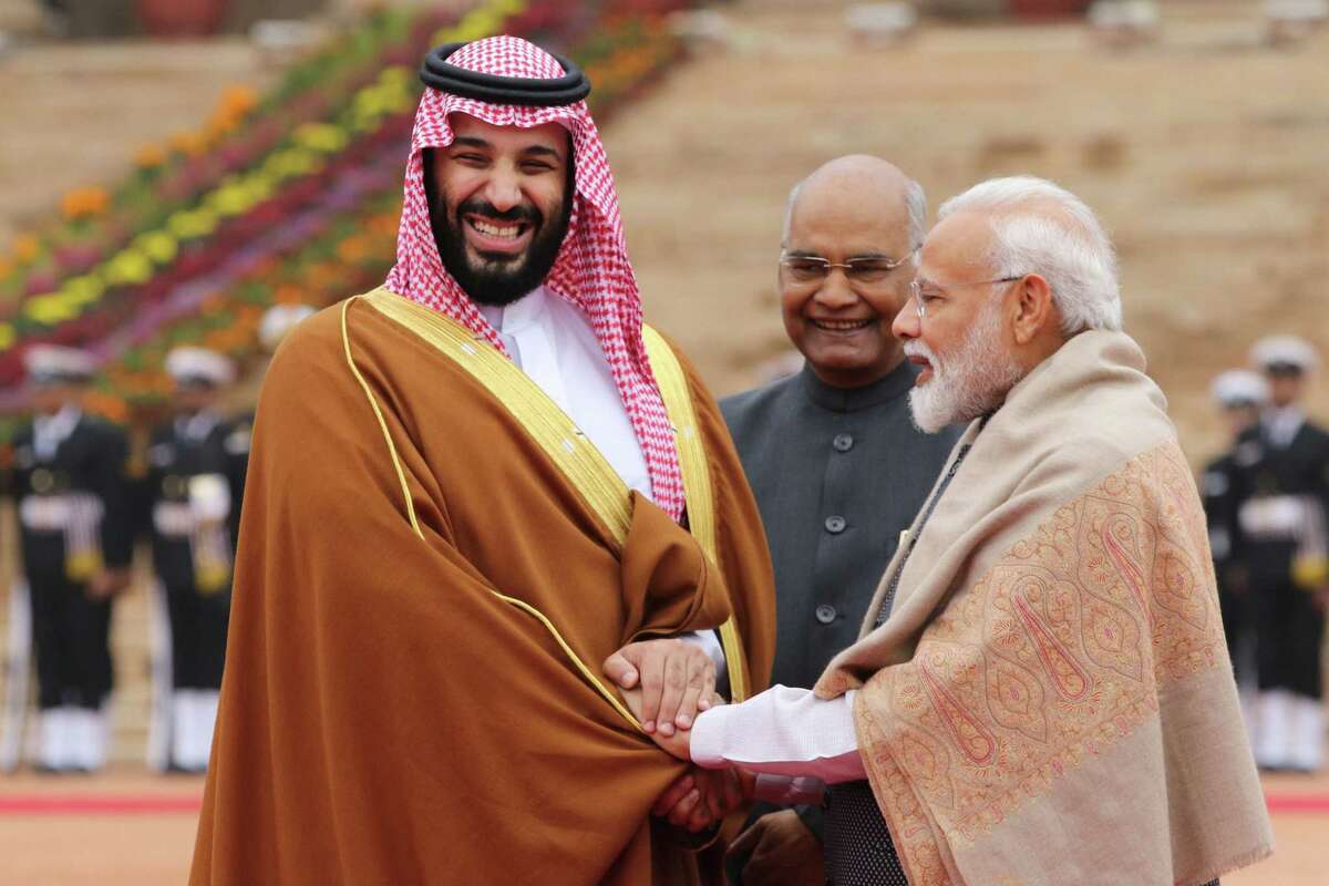 Mohammed Bin Salman (left) Saudi Arabia's crown prince, with Indian Prime Minister Narendra Modi (right) and Indian President Ram Nath Kovind in New Delhi on Feb. 20, 2019.