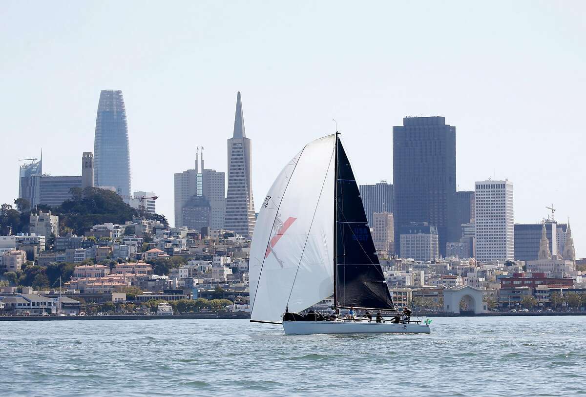 The Velvet Hammer sails past the downtown skyline while waiting for the Rolex Big Boat Series yacht races to commence in San Francisco, Calif. on Thursday, Sept. 12, 2019. The races continue near the St. Francis Yacht Club through Sunday.