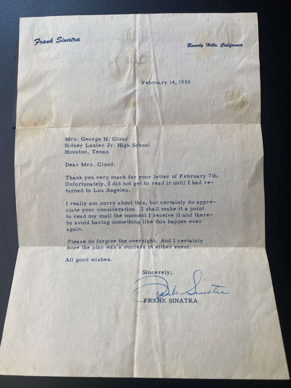 A letter allegedly written by Frank Sinatra in 1950.