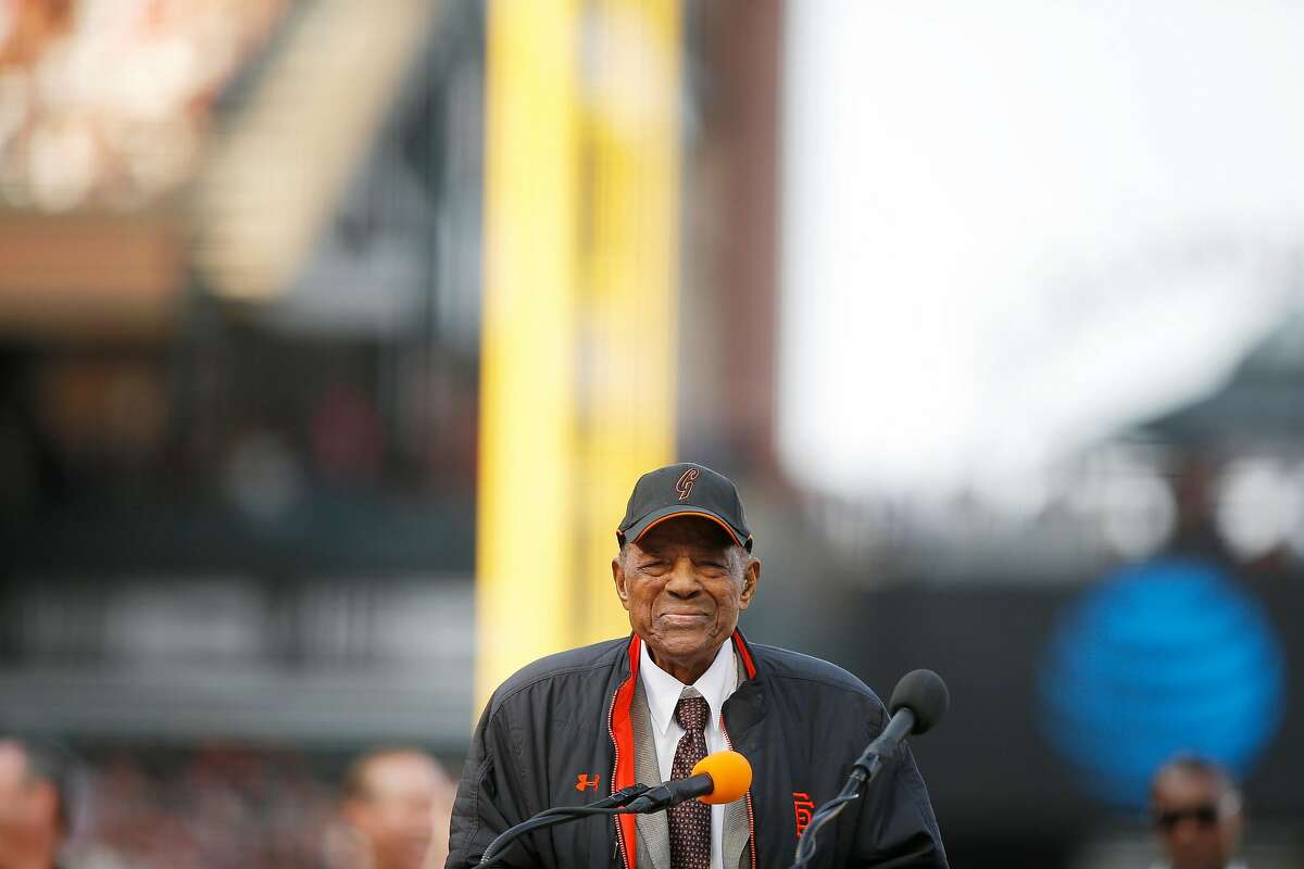 San Francisco Giants legend Willie Mays speaks about Barry Bonds during Bonds' uniform number retirement ceremony at AT&T Park on Saturday, Aug. 11, 2018, in San Francisco, Calif. The San Francisco Giants retired number 25 in honor of Bonds' historic career with the Giants from 1993-2007.