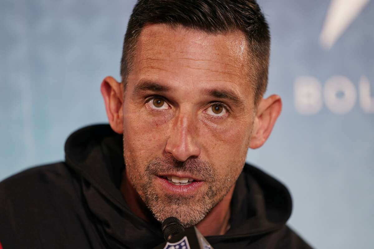 San Francisco 49ers coach Kyle Shanahan answers questions during Opening Night for the NFL Super Bowl 54 football game Monday, Jan. 27, 2020, at Marlins Park in Miami. (AP Photo/David J. Phillip)