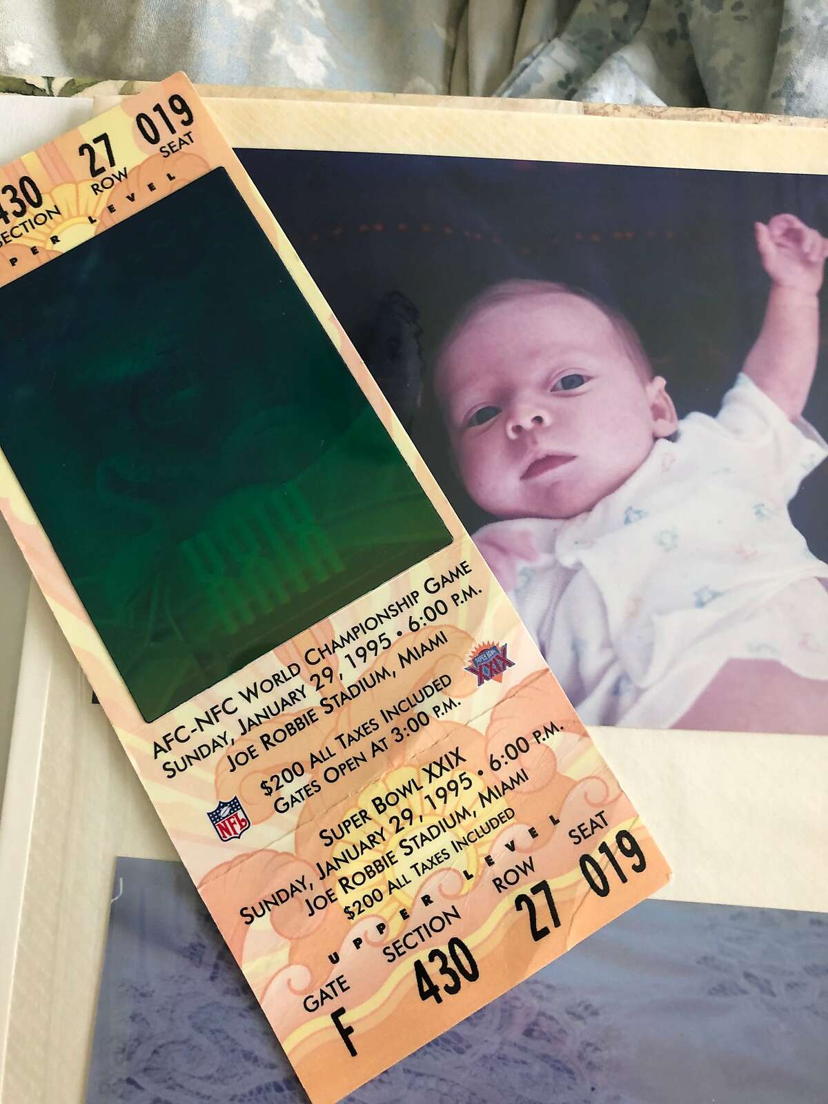 Columnist Ann Killion's infant daughter and Super Bowl XXIX ticket