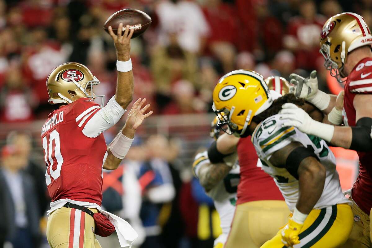 San Francisco 49ers’ Jimmy Garoppolo passes in the fourth quarter during the NFC Championship game between the San Francisco 49ers and the Green Bay Packers at Levi’s Stadium on Sunday, Jan. 19, 2020 in Santa Clara, Calif.