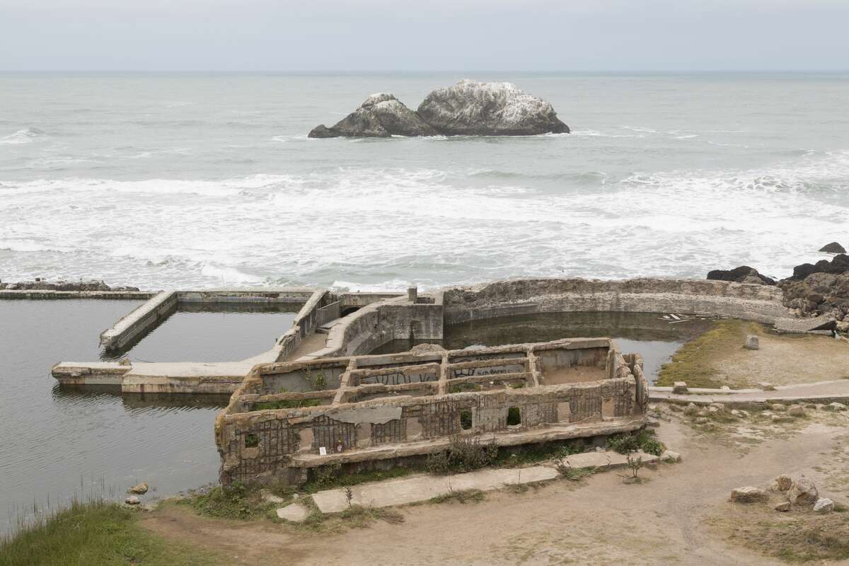 The remains of the Sutro Baths at the North end of Ocean Beach, the most treacherous swimming spot in California. Since 2014 there have been eight reported drowning deaths at Ocean Beach.