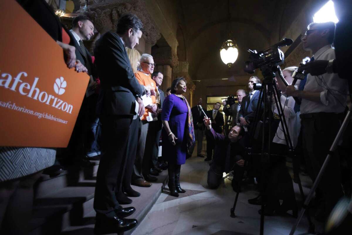 Senate Majority Leader Andrea Stewart-Cousins speaks at a press conference at the Capitol to mark the one-year anniversary of the passage of the Child Victims Act on Tuesday, Jan. 28, 2020, in Albany, N.Y. There appear to be enough votes to pass the Adults Survivors Act in 2022. (Paul Buckowski/Times Union)
