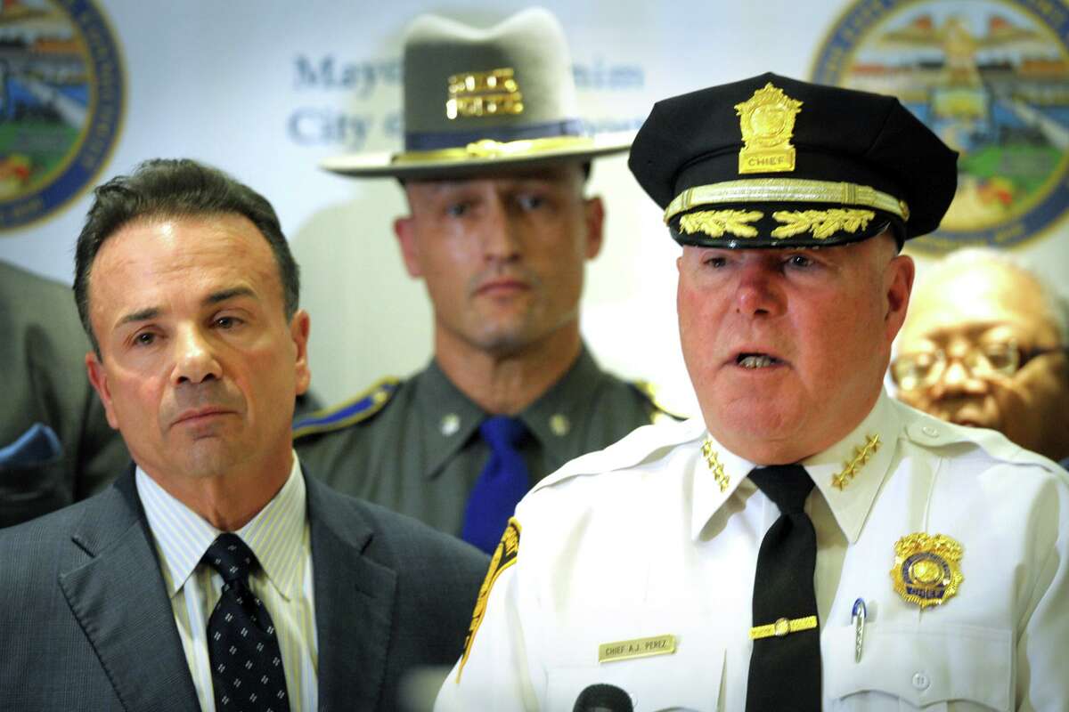 Chief of Police Armando “A.J.” Perez speaks at a news conference at the Morton Government Center, in Bridgeport, Conn. Jan. 28. 2020. Police and elected officials gathered to address violence prevention measures following several recent shooting incidents in the city.