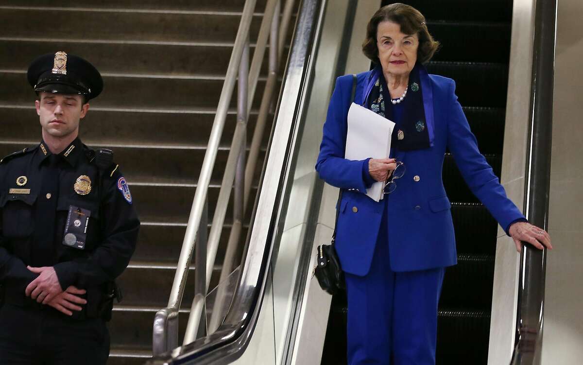 Sen. Dianne Feinstein (D-CA) descends an escalator at the U.S. Capitol after the Senate impeachment trial adjourned for the day on Jan. 28, 2020 in Washington, D.C. President Donald Trump's legal defense team concluded their arguments today and will begin answering written questions from Senators on Wednesday. (Mario Tama/Getty Images/TNS)