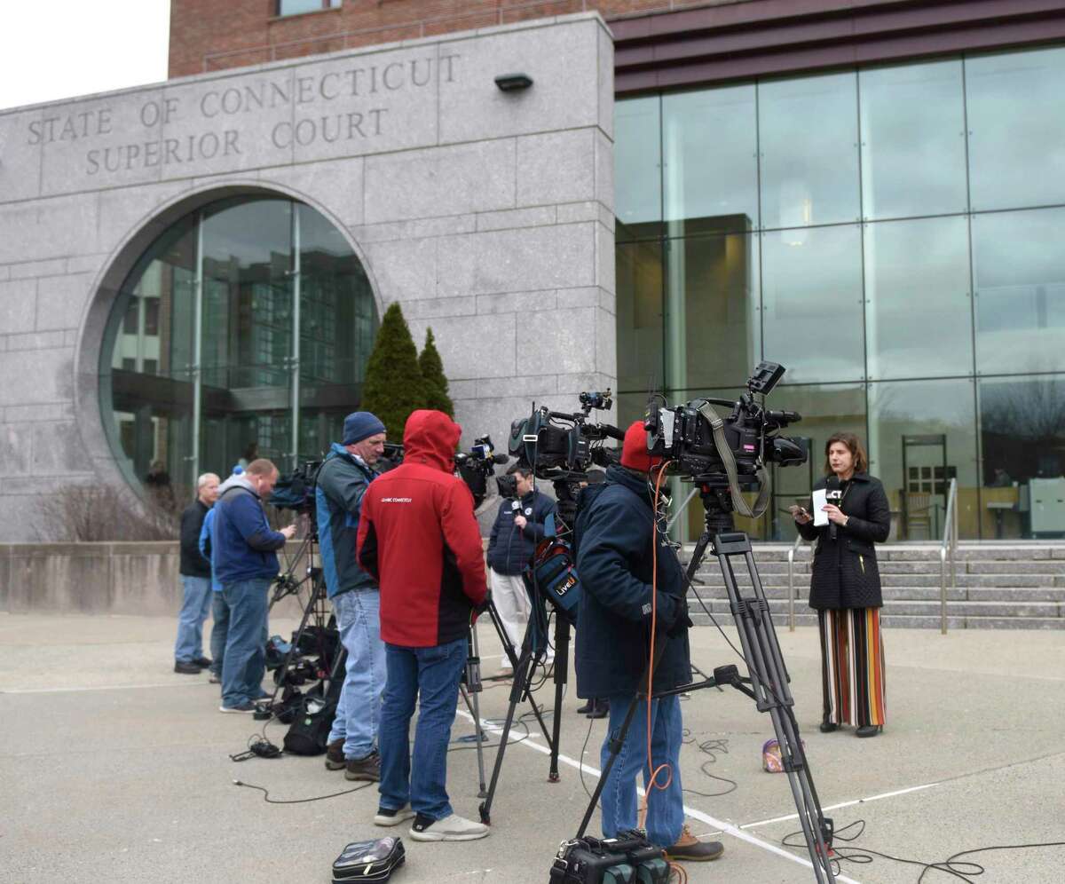 New crews record video reporting on the death of Fotis Dulos outside Connecticut Superior Court in Stamford, Conn. Tuesday, Jan. 28, 2020. Dulos was scheduled to appear in court for an emergency bond hearing on Tuesday when police found him unresponsive at his home in Farmington. Fotis Dulos was charged with murdering his estranged wife and mother-of-five, Jennifer Farber Dulos.