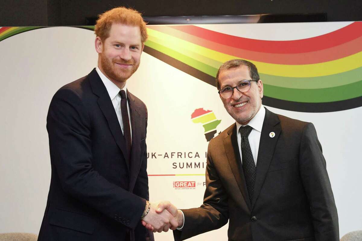 LONDON, UNITED KINGDOM - JANUARY 20: Prince Harry, Duke of Sussex, meets Saadeddine Othmani, Prime Minister of Morocco during the UK-Africa Investment Summit at the Intercontinental Hotel on January 20, 2020 in London, England. (Photo by Stefan Rousseau - WPA Pool/Getty Images)