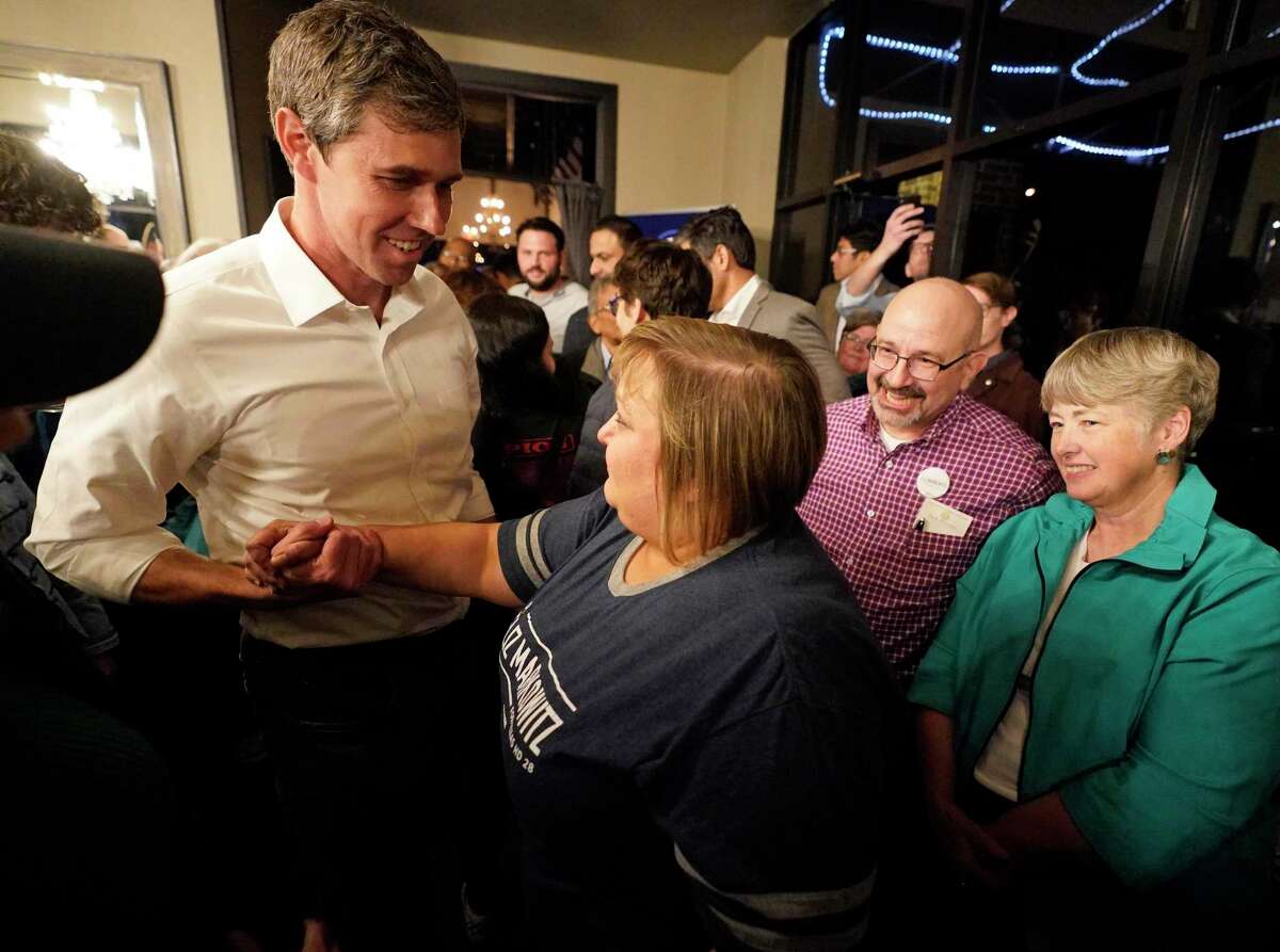 Beto O'Rourke, left, greets Eliz Markowitz, center, as Annise Parker, right, watches during the House District 28 special election watch party for Eliz Markowitz held at Grazia Italian Kitchen, 22764 Westheimer Pkwy., Tuesday, Jan. 28, 2020, in Katy.
