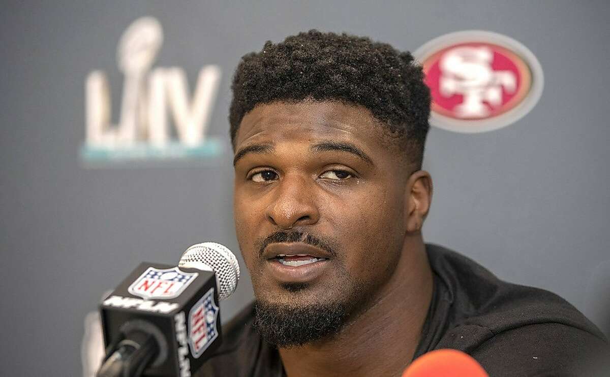 San Francisco 49ers defensive end Dee Ford (55) is interviewed by the media during media availability at the Hyatt Regency Miami/James L. Knight Center in Miami, Fla. on Tuesday, Jan. 28, 2020. (Al Diaz/Miami Herald/TNS)