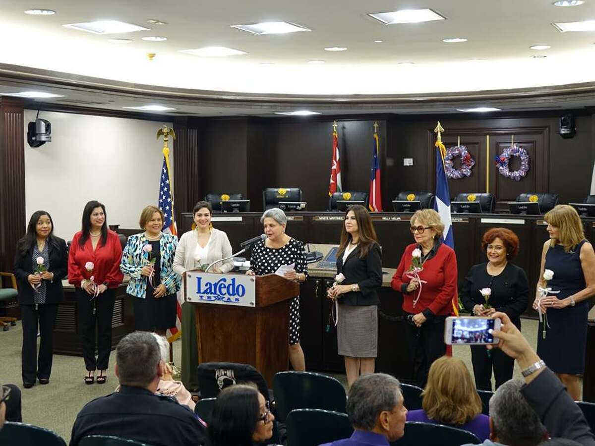 Pictured are the Laredo Commission for Women 2020 Hall of Fame inductees including Patricia Niles (Health Care), Martha Gonzalez Keiser (Civic Leadership/Public Service), Ana Cristina Martinez (Education), Cristina O. Mendoza (Fine and Performing Arts), LCW Selection Committee Chair Diana Espinoza, Olivia Varela (Business and Professional), Marylin de Llano (Volunteerism) and Lucy Guardiola (Law Enforcement).