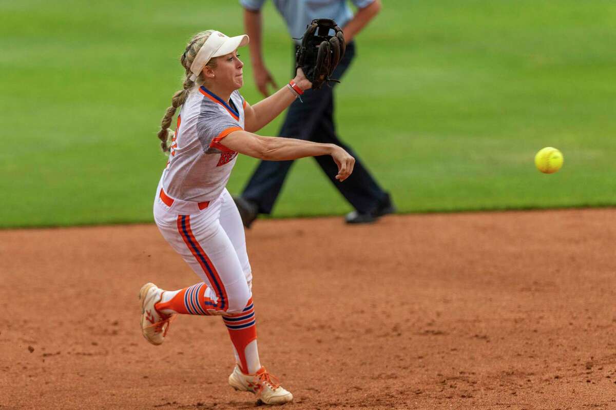 Sam Houston State shortstop Tiffany Thompson (6) makes the throw to first for the Houston out during an NCAA college softball tournament Austin Regional game this past May.