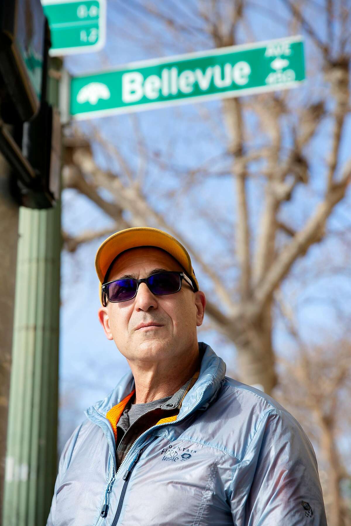 Randy Lyman stands outside of Perch, a local coffee shop he often frequents in Oakland, Calif. on Monday, January 27, 2020. Just across the street is the corner where Lyman was robbed at gun point just after midnight on January 18 at the corner of Grand Avenue and Bellevue Avenue in Oakland. After being punched in the face and held at gunpoint the robbers took both his wallet and phone before leaving in a nearby car. Lyman's robbery was one of many that have been occurring in Oakland involving getaway cars.