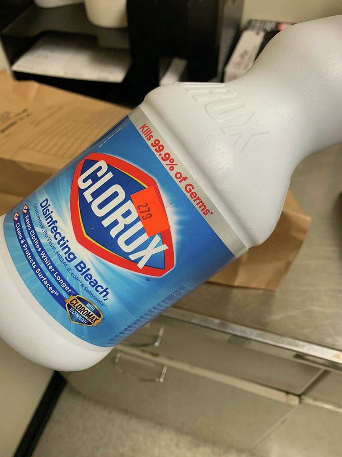 The bottle of Clorox bleach, shared by police.