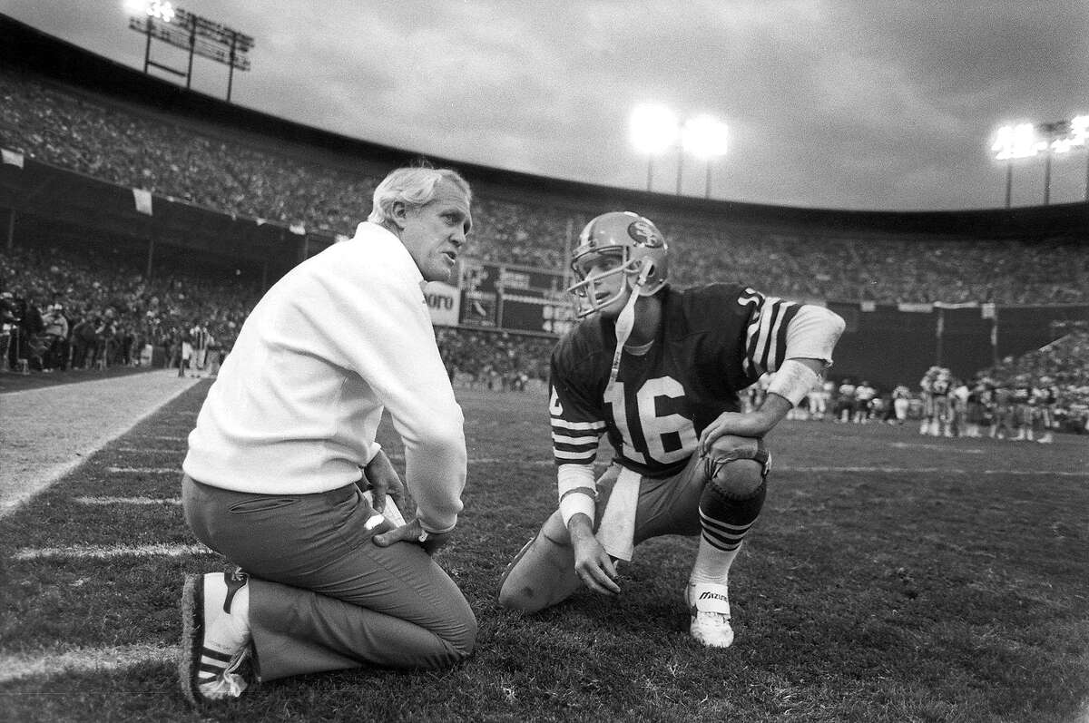 Niners coach Bill Walsh and quarterback Joe Montana during a win over the Bears in the NFC Championship Game in 1985.