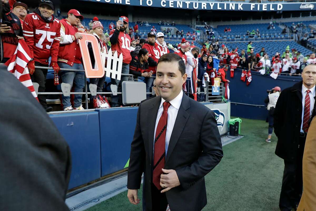 San Francisco 49ers team owner Jed York walks on the field before an NFL football game against the Seattle Seahawks, Sunday, Dec. 29, 2019, in Seattle. (AP Photo/Ted S. Warren)