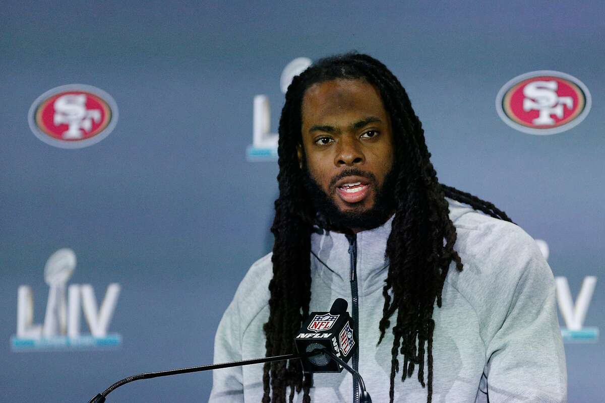FILE: Richard Sherman #25 of the San Francisco 49ers speaks to the media during the San Francisco 49ers media availability prior to Super Bowl LIV at the James L. Knight Center on January 29, 2020 in Miami, Florida. (Photo by Michael Reaves/Getty Images)