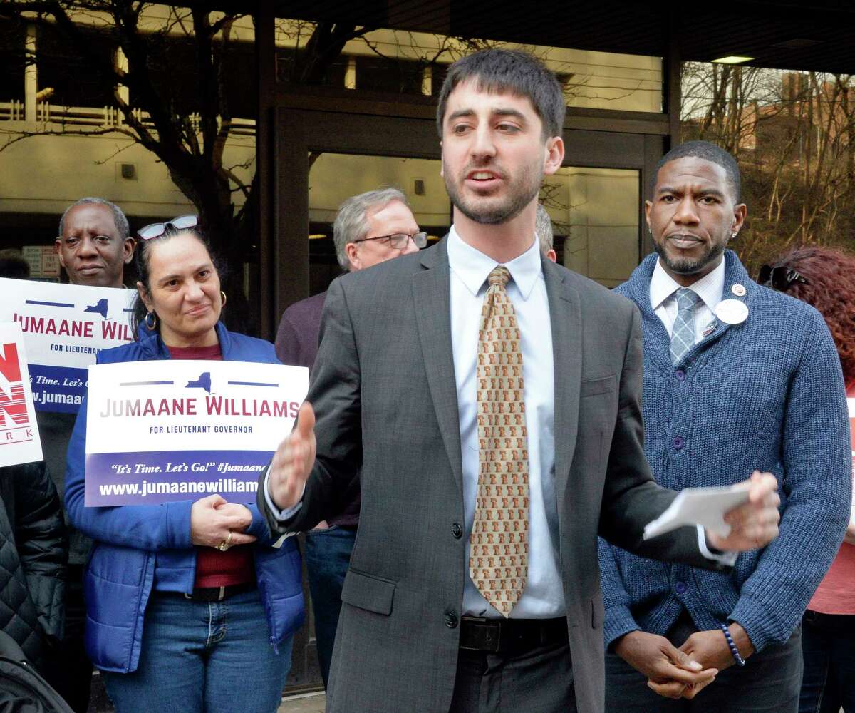 Albany County Legislator Sam Fein, center, introduces candidate for Lieutenant Governor, Jumaane Williams, right, during a campaign rally outside the NYS OGS Sheridan Steam Plant Friday April 13, 2018 in Albany, NY. (John Carl D'Annibale/Times Union)