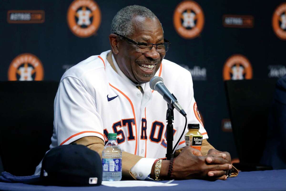 New Houston Astros manager Dusty Baker smiles during a baseball press conference at Minute Maid Park, Thursday, Jan. 30, 2020, in Houston. (AP Photo/Michael Wyke)
