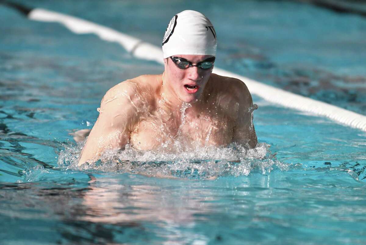Marcus Hodgson of the Brunswick School swims the breaststroke portion of the 200 yd medley relay during a meet against Hopkins at The Brunswick School on Saturday February 3, 2018 in Greenwich, Connecticut.